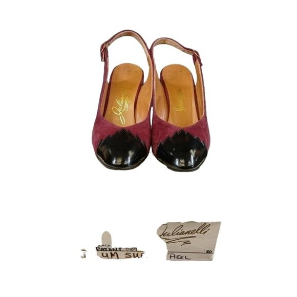 Mabel Julianelli Plum and Black Mixed Italian Leather & Suede Slingback Heels 7 - Picture 3 of 3